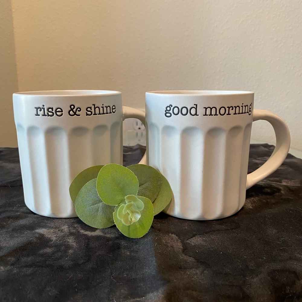 White Stoneware Mugs Set with Text